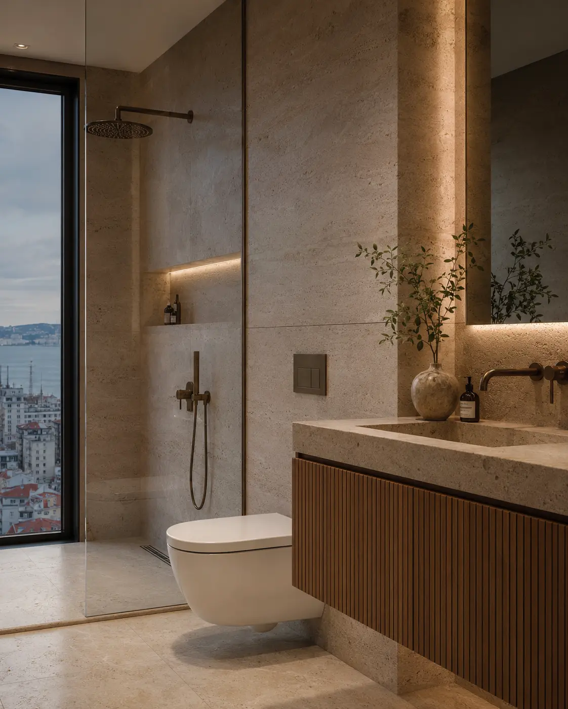 Modern banyo yenileme ve traverten iç mimari tasarım konsepti